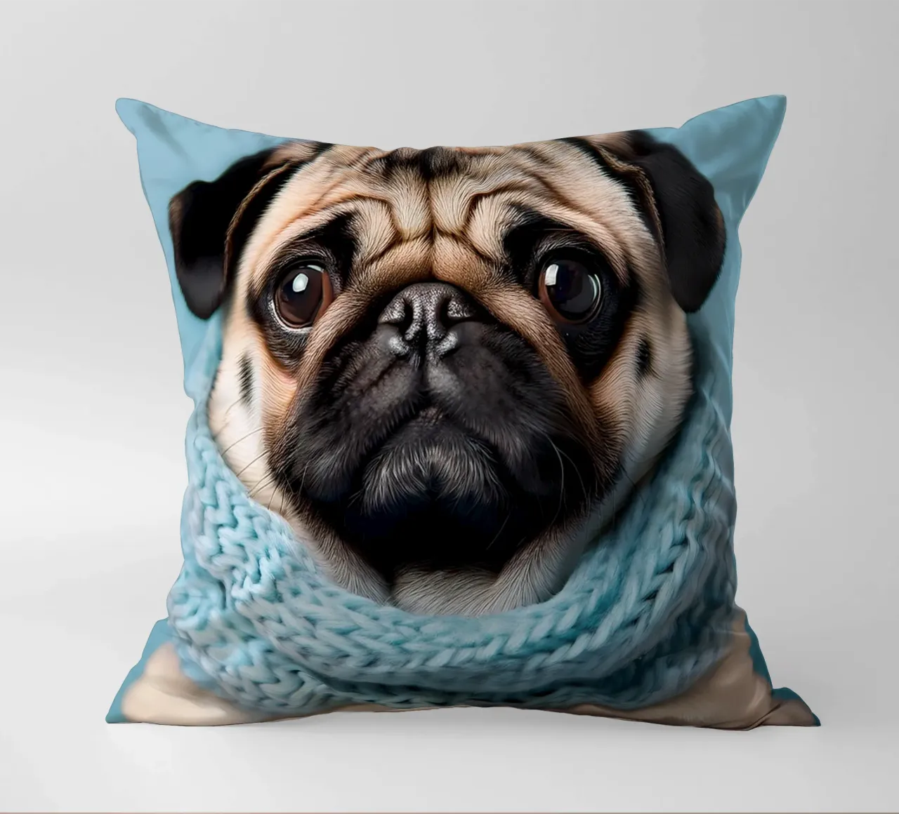 Adorabile carlino con un'accogliente sciarpa blu | Ritratto di cane invernale cuscino da FlexiDesignsByK