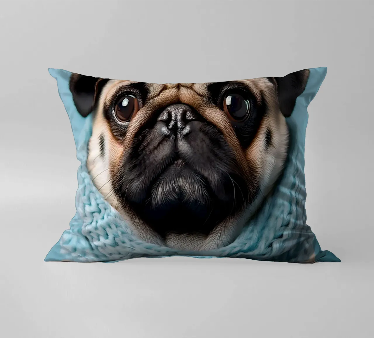 Adorabile carlino con un'accogliente sciarpa blu | Ritratto di cane invernale cuscino da FlexiDesignsByK