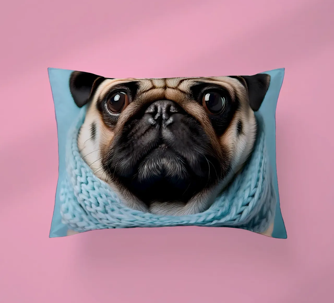 Adorabile carlino con un'accogliente sciarpa blu | Ritratto di cane invernale cuscino da FlexiDesignsByK