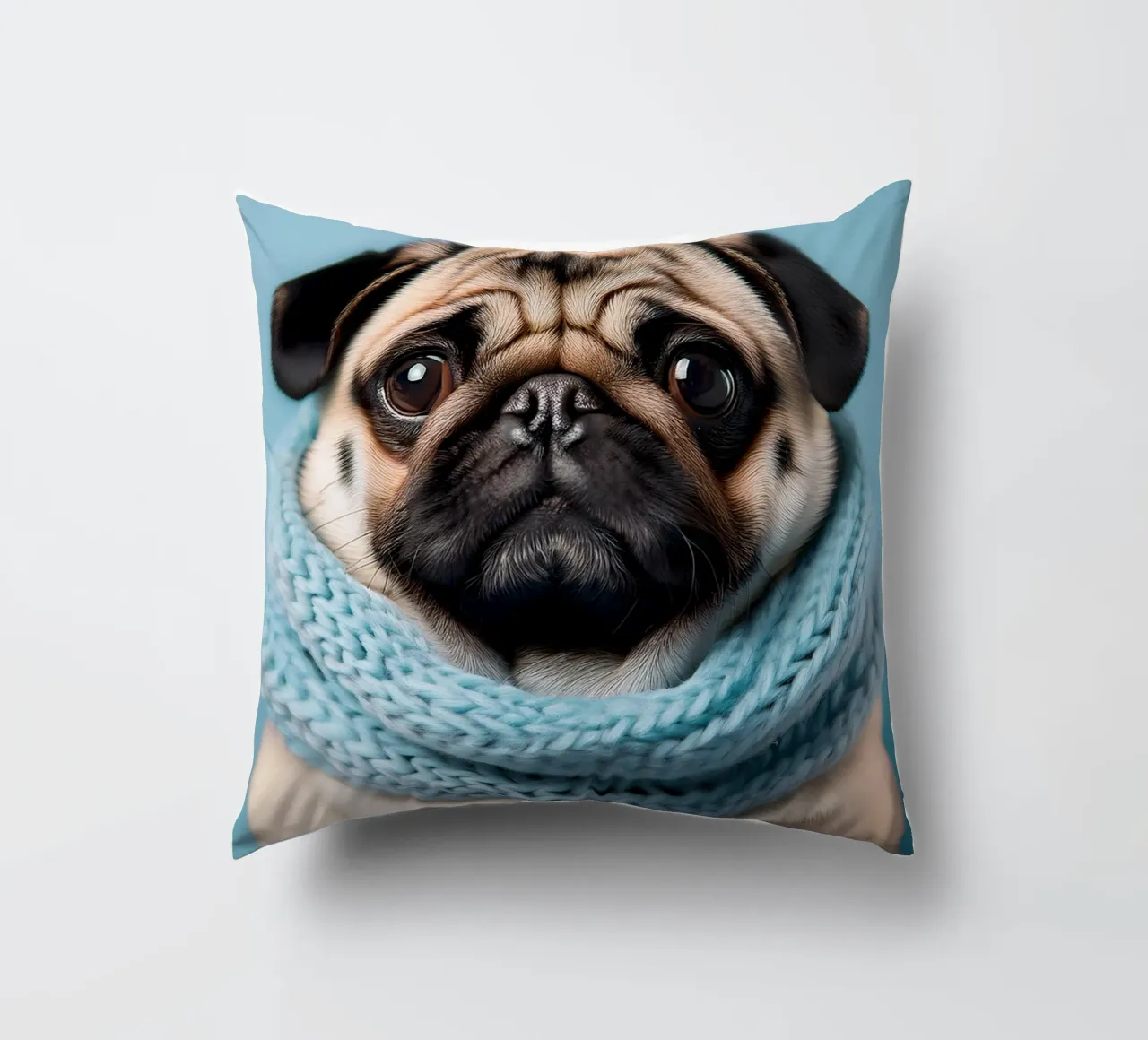 Adorabile carlino con un'accogliente sciarpa blu | Ritratto di cane invernale cuscino da FlexiDesignsByK