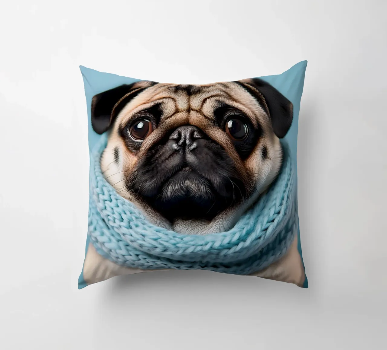 Adorabile carlino con un'accogliente sciarpa blu | Ritratto di cane invernale cuscino da FlexiDesignsByK