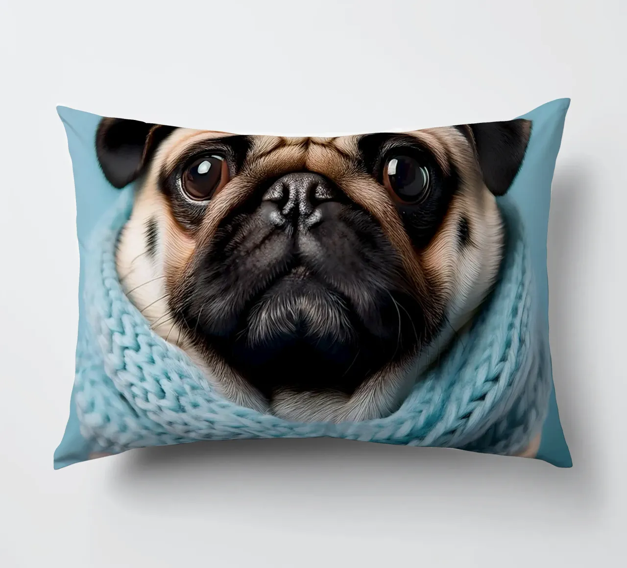 Adorabile carlino con un'accogliente sciarpa blu | Ritratto di cane invernale cuscino da FlexiDesignsByK