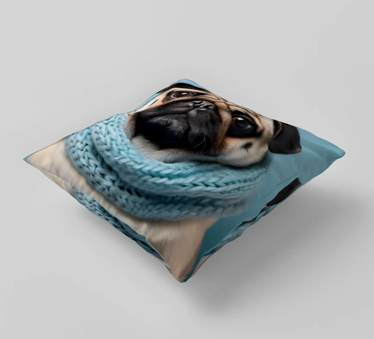Adorabile carlino con un'accogliente sciarpa blu | Ritratto di cane invernale cuscino da FlexiDesignsByK