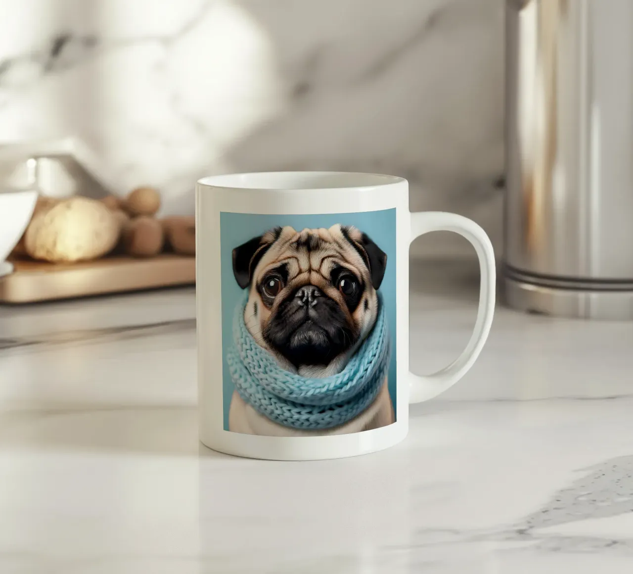 Adorabile carlino con un'accogliente sciarpa blu | Ritratto di cane invernale tazza in ceramica da FlexiDesignsByK