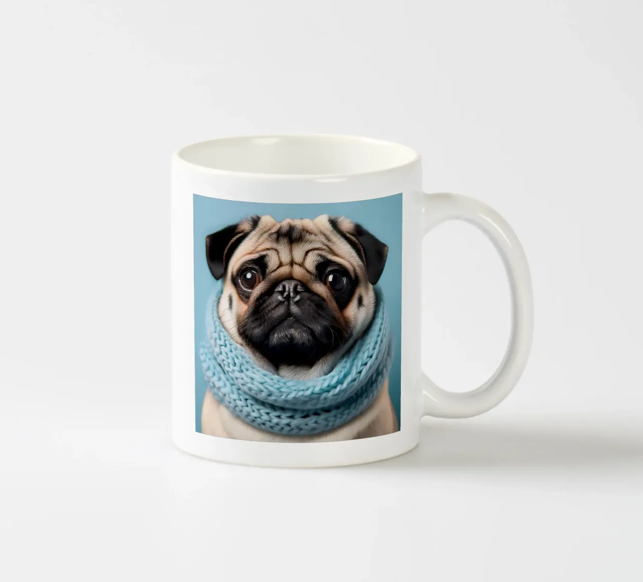 Adorabile carlino con un'accogliente sciarpa blu | Ritratto di cane invernale tazza in ceramica da FlexiDesignsByK