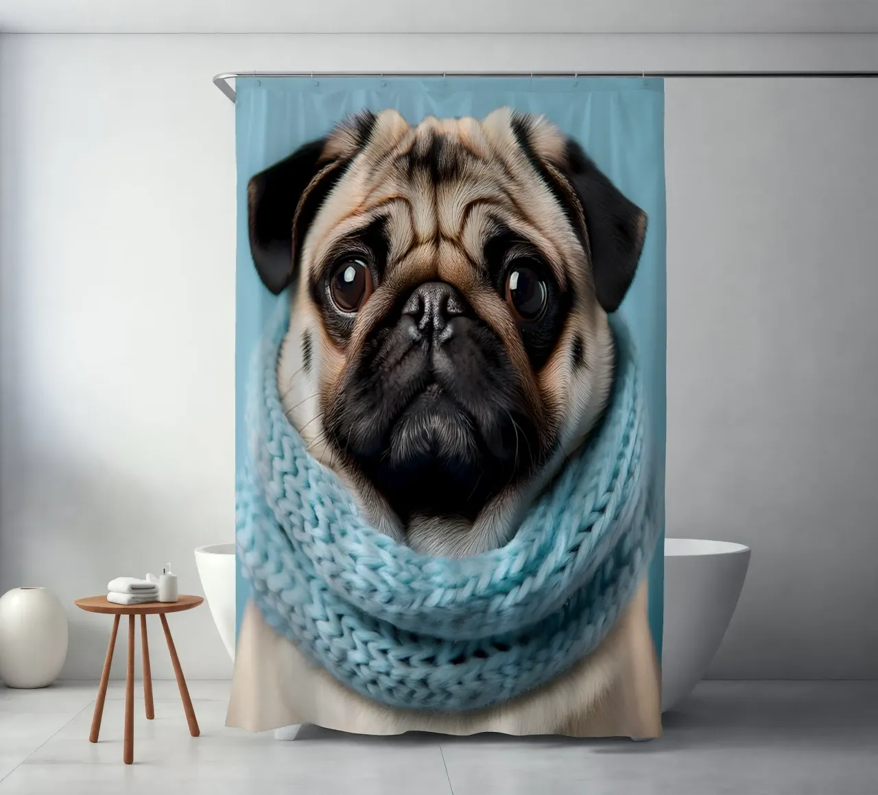 Adorabile carlino con un'accogliente sciarpa blu | Ritratto di cane invernale tenda da doccia da FlexiDesignsByK