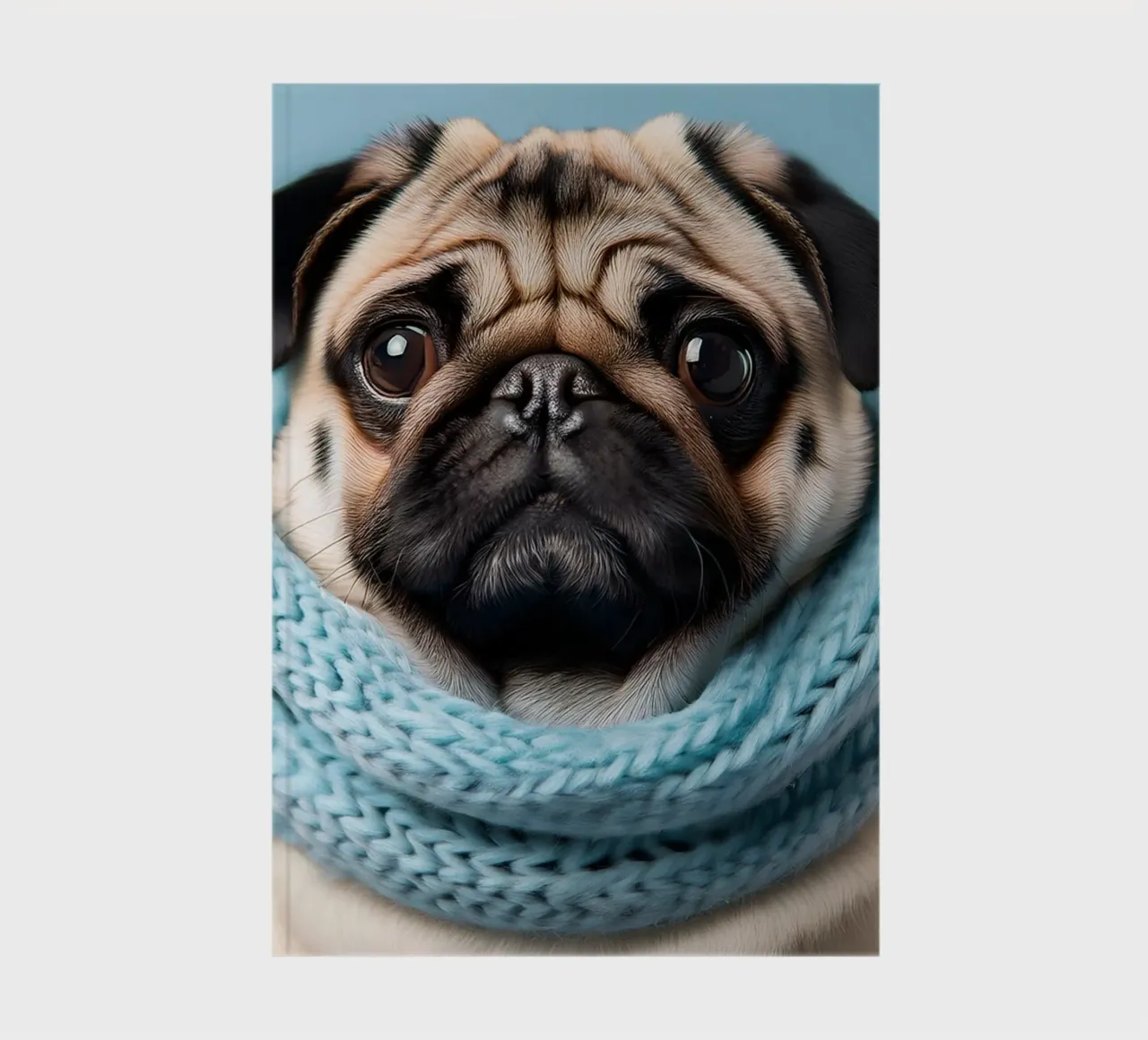 Adorable carlin en écharpe bleue douillette | Mignon portrait de chien en hiver carnet de notes de FlexiDesignsByK