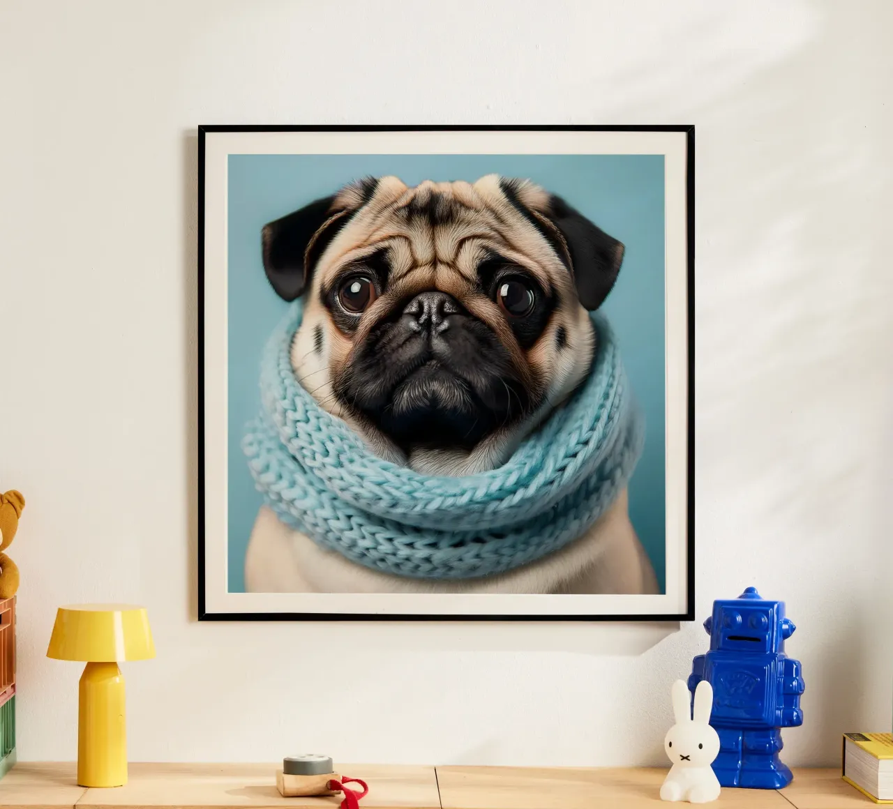 Adorabile carlino con un'accogliente sciarpa blu | Ritratto di cane invernale carta hahnemühle da FlexiDesignsByK
