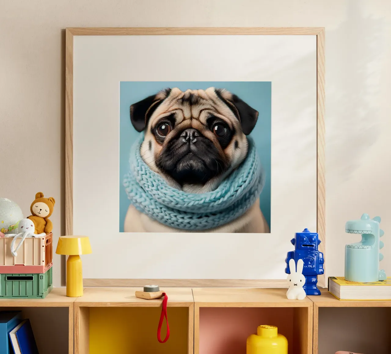 Adorabile carlino con un'accogliente sciarpa blu | Ritratto di cane invernale carta hahnemühle da FlexiDesignsByK