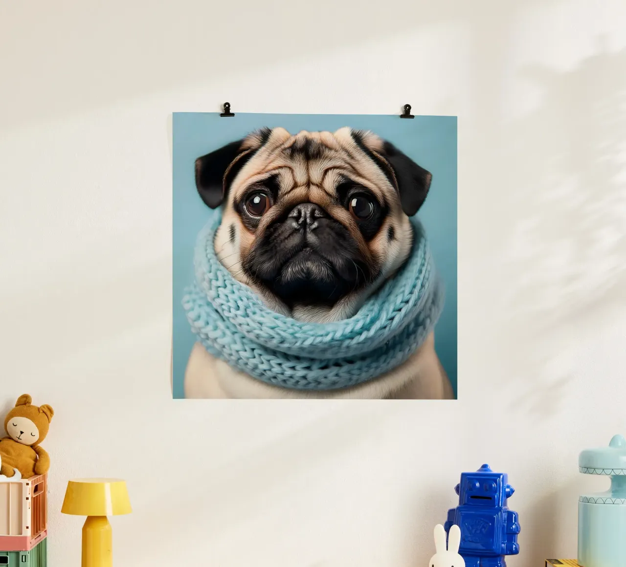 Adorabile carlino con un'accogliente sciarpa blu | Ritratto di cane invernale carta hahnemühle da FlexiDesignsByK