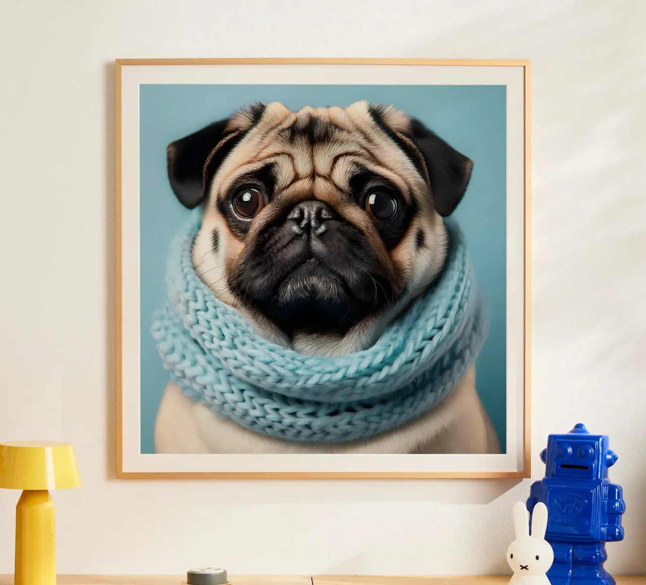Adorabile carlino con un'accogliente sciarpa blu | Ritratto di cane invernale carta hahnemühle da FlexiDesignsByK