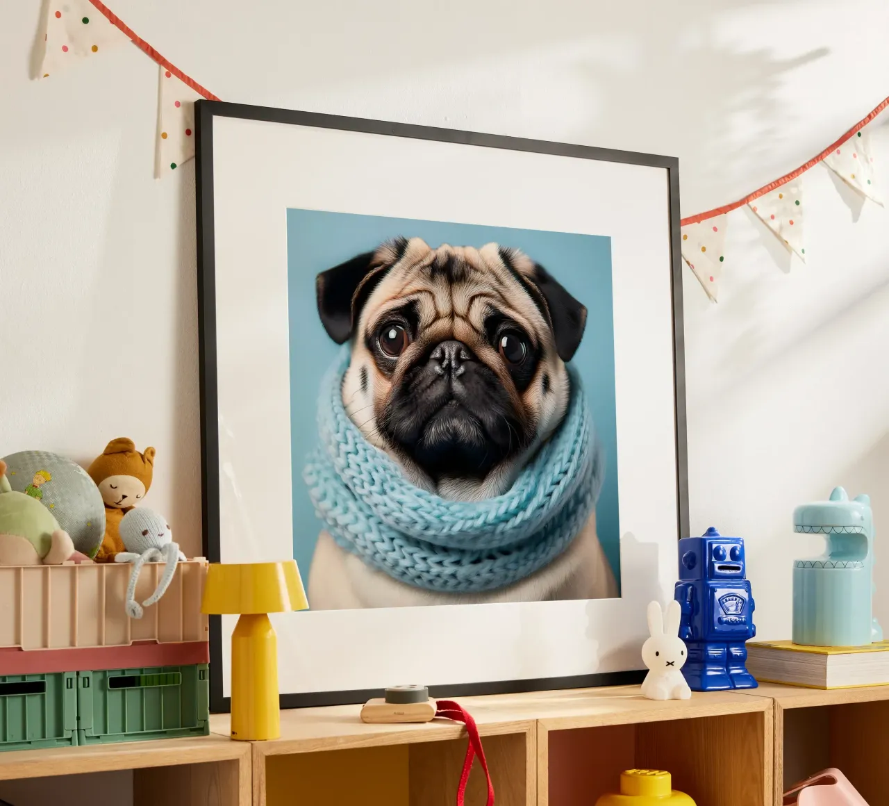 Adorabile carlino con un'accogliente sciarpa blu | Ritratto di cane invernale carta hahnemühle da FlexiDesignsByK