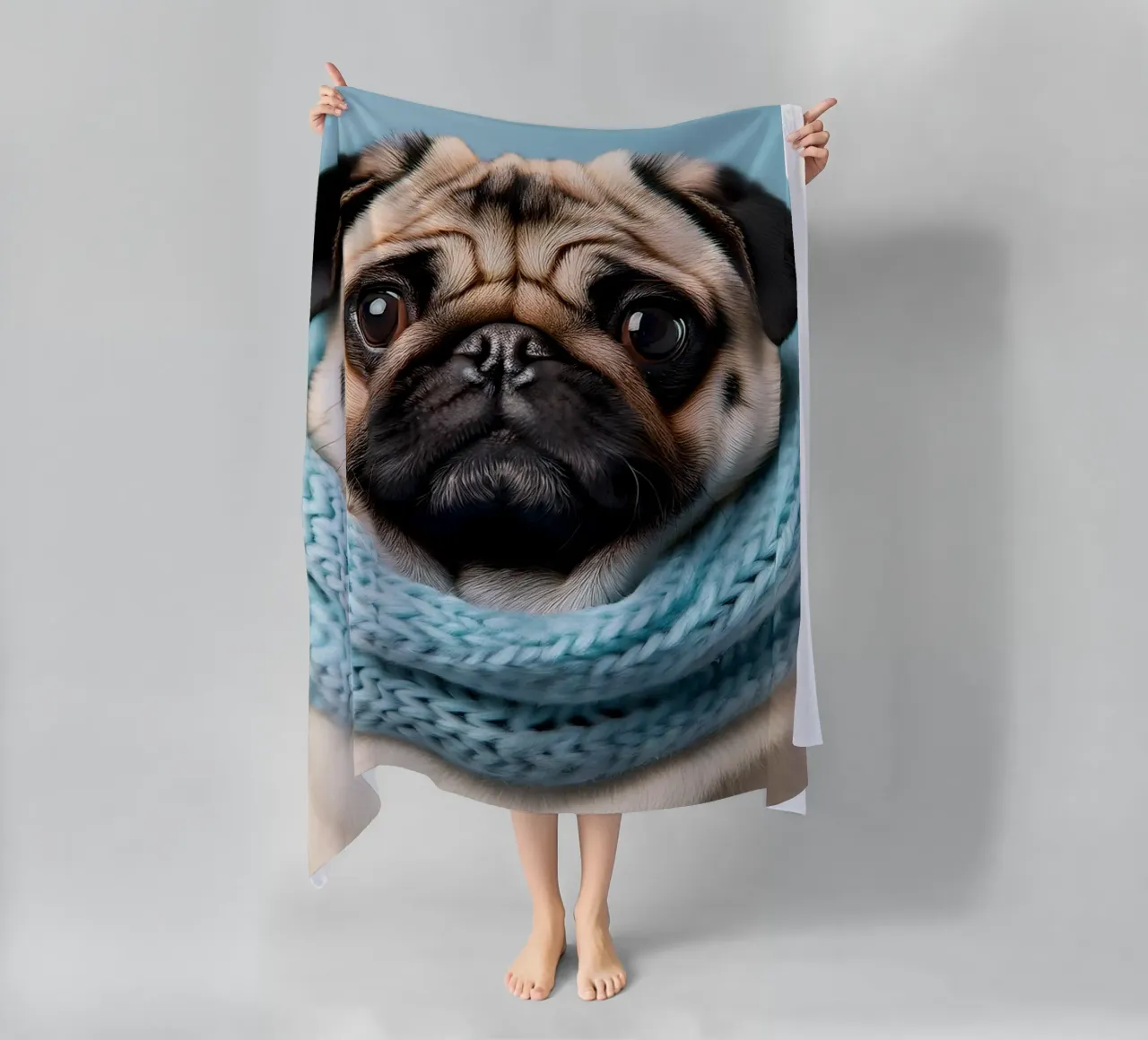 Adorabile carlino con un'accogliente sciarpa blu | Ritratto di cane invernale telo mare da FlexiDesignsByK