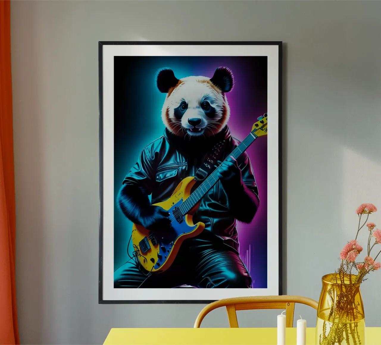 Panda spielt Gitarre Neonkunst Poster mit Kunststoffrahmen von MakArena