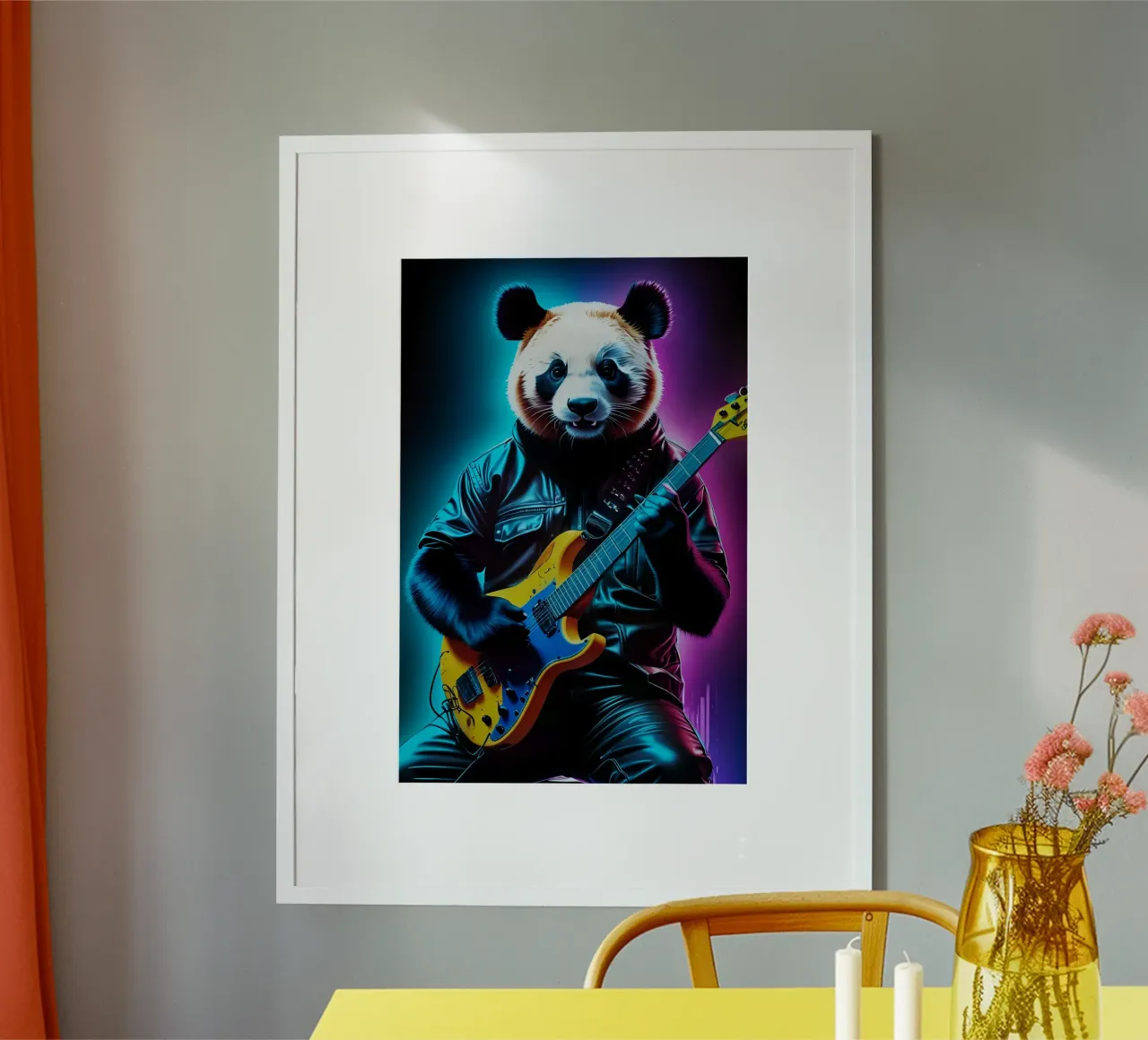 Panda spielt Gitarre Neonkunst Poster mit Kunststoffrahmen von MakArena