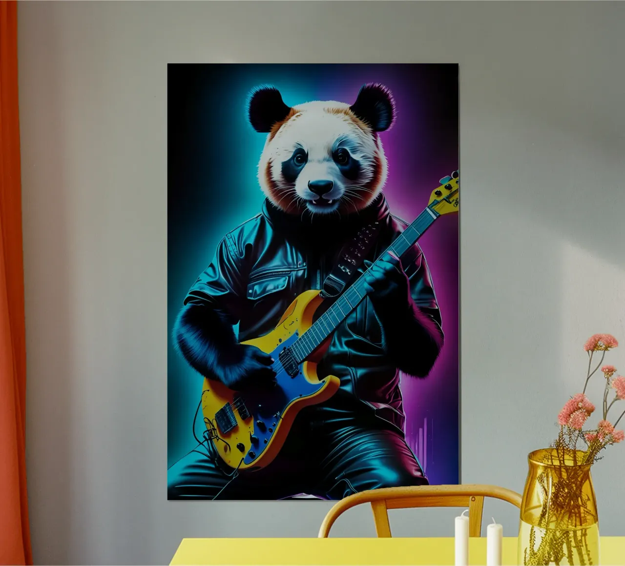 Panda spielt Gitarre Neonkunst Poster mit Kunststoffrahmen von MakArena