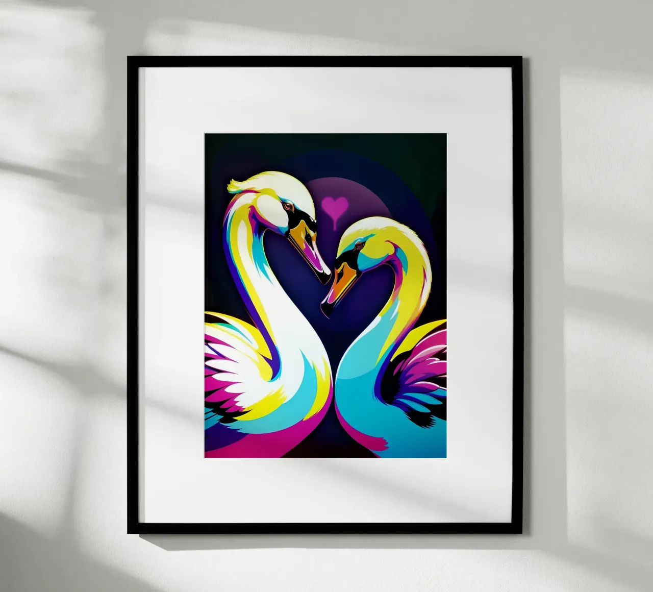Verliebtes Schwanenpärchen, Liebesherz Poster mit Aluminium Rahmen von MakArena