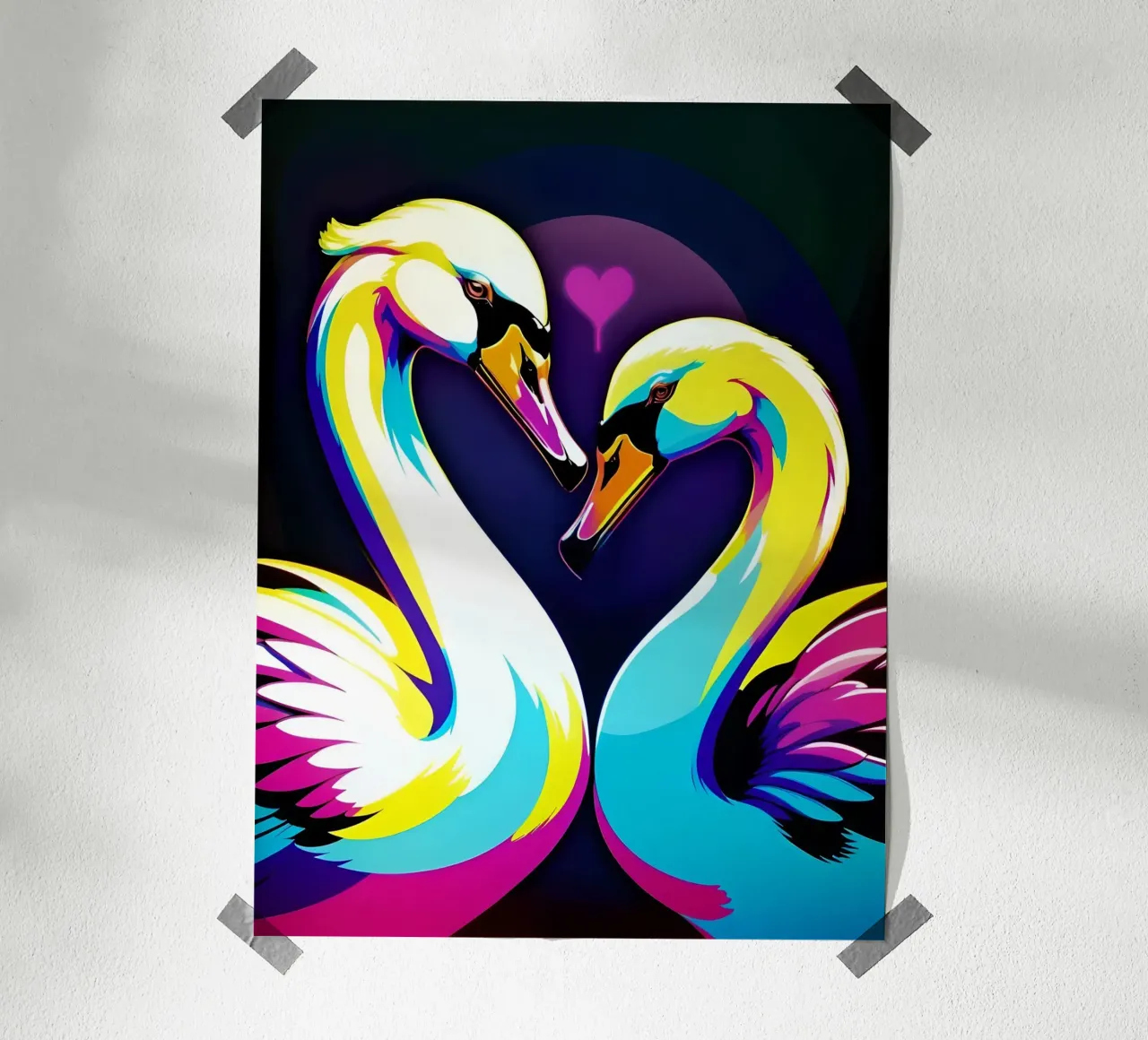 Verliebtes Schwanenpärchen, Liebesherz Poster mit Aluminium Rahmen von MakArena