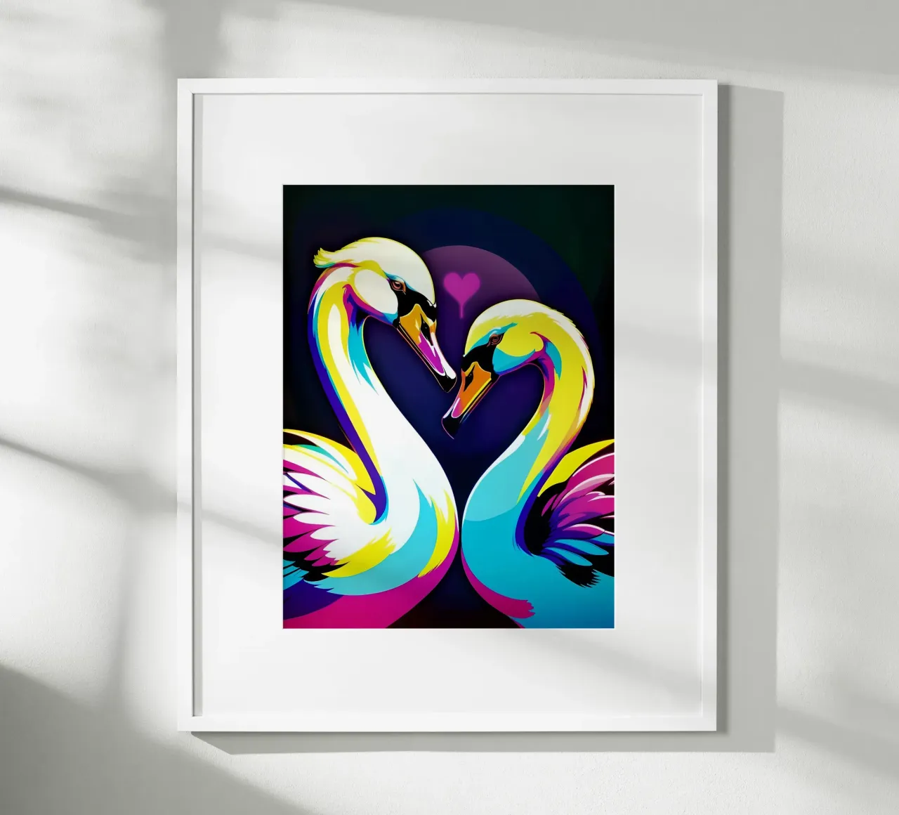 Verliebtes Schwanenpärchen, Liebesherz Poster mit Aluminium Rahmen von MakArena