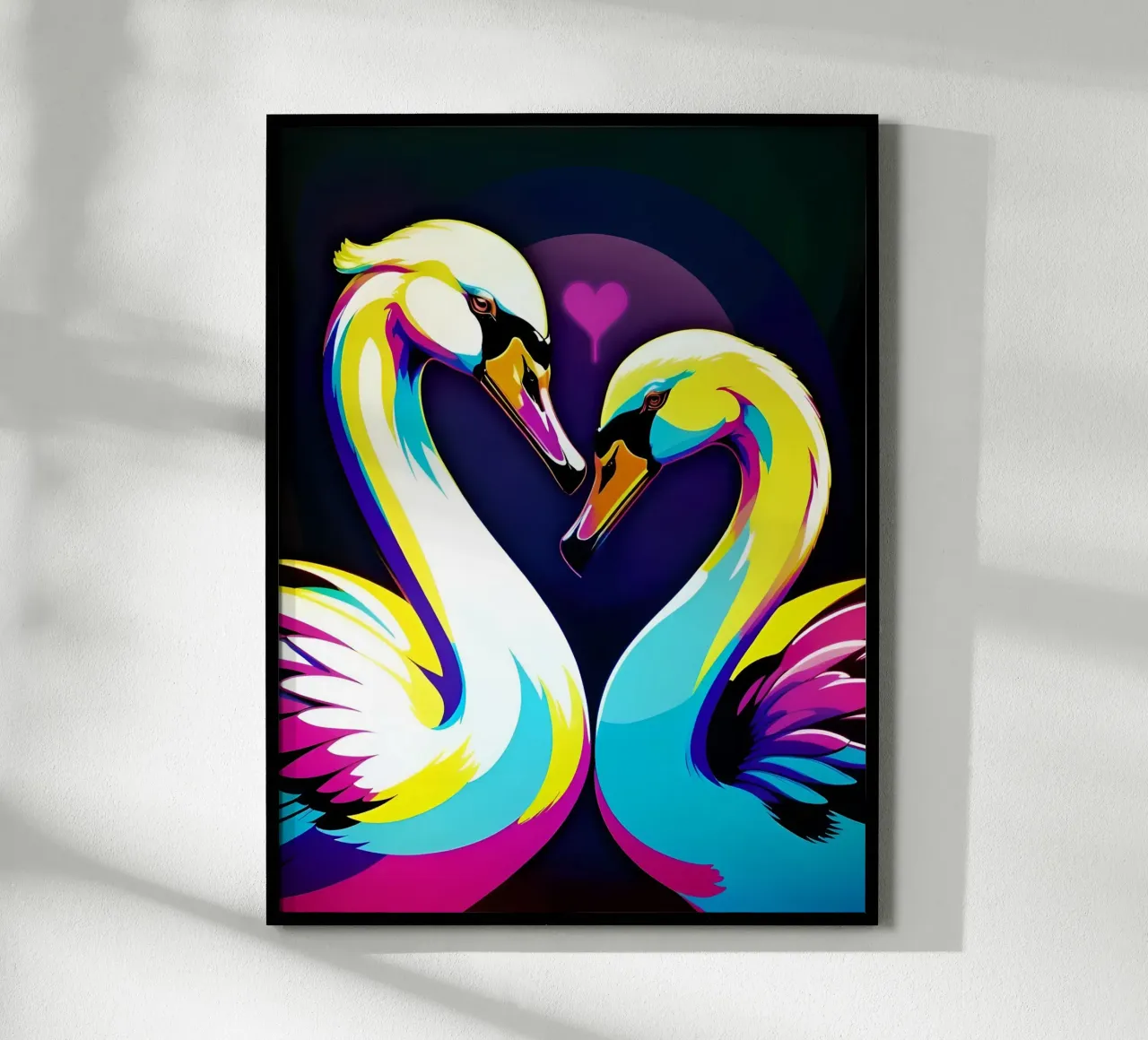 Verliebtes Schwanenpärchen, Liebesherz Poster mit Aluminium Rahmen von MakArena