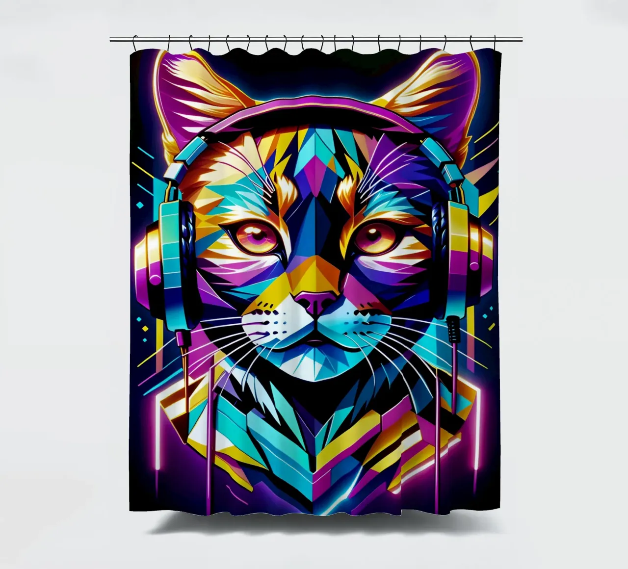 Cat in headphones neon art shower curtain by MakArena
