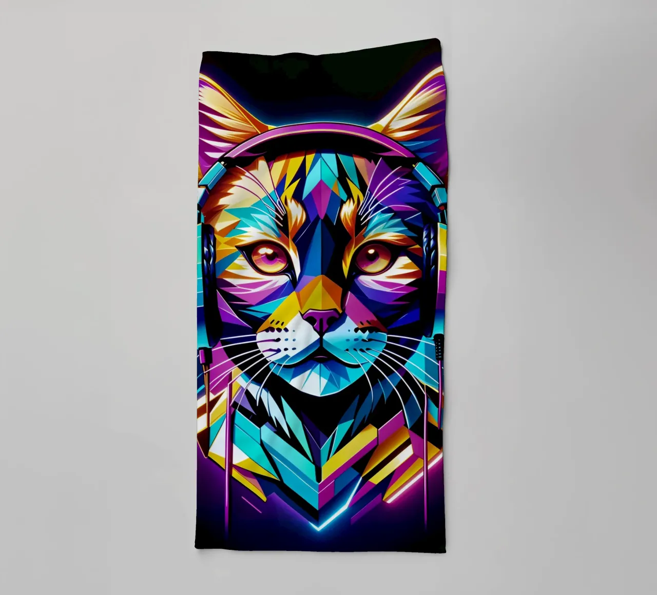 Cat in headphones neon art towel by MakArena