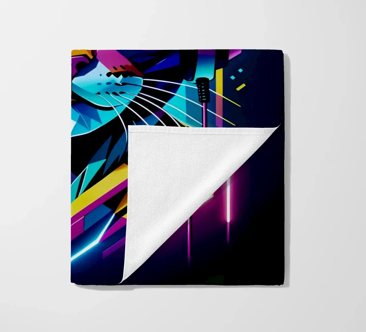Cat in headphones neon art beach towel by MakArena