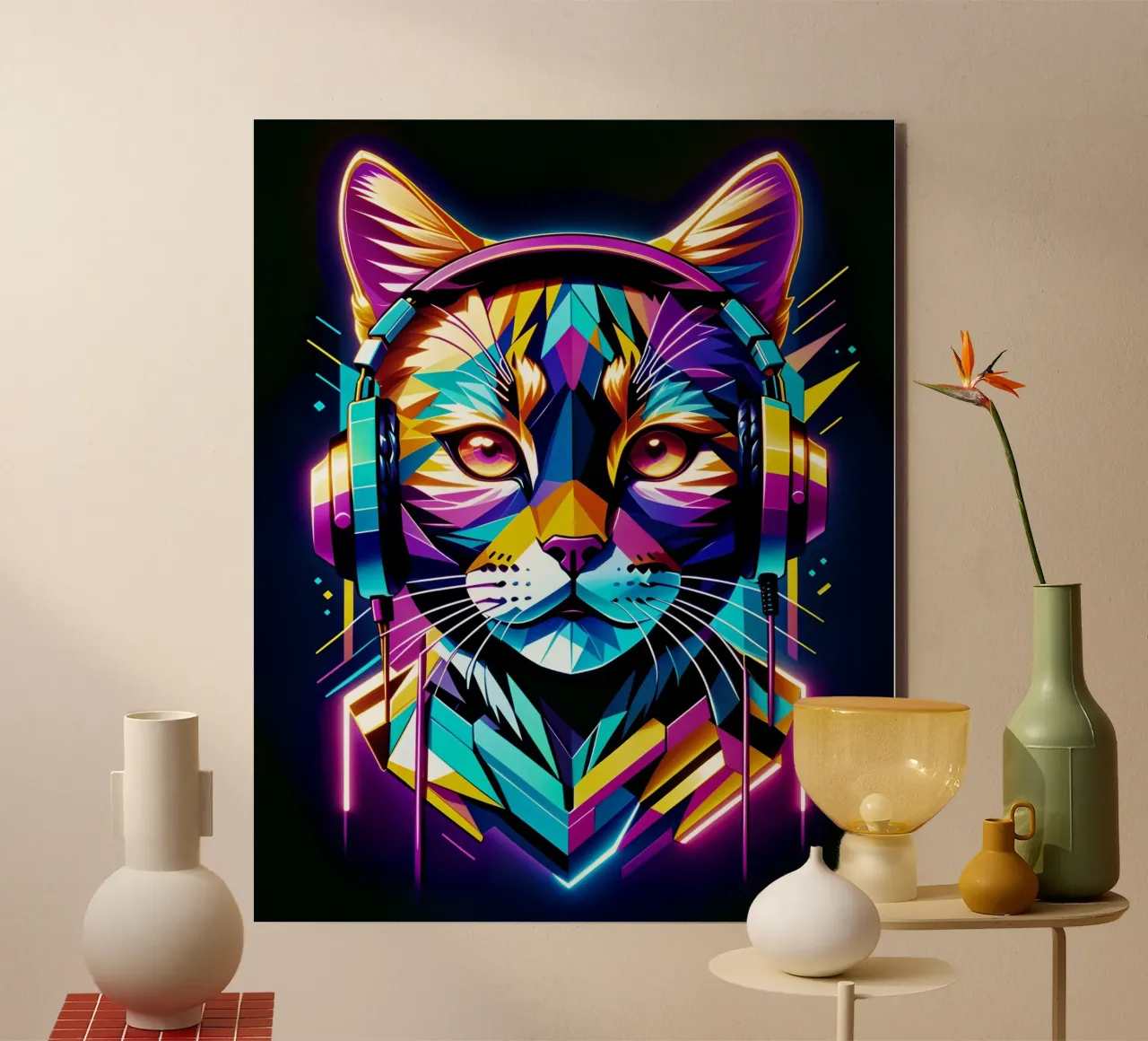 Cat in headphones neon art forex plate by MakArena