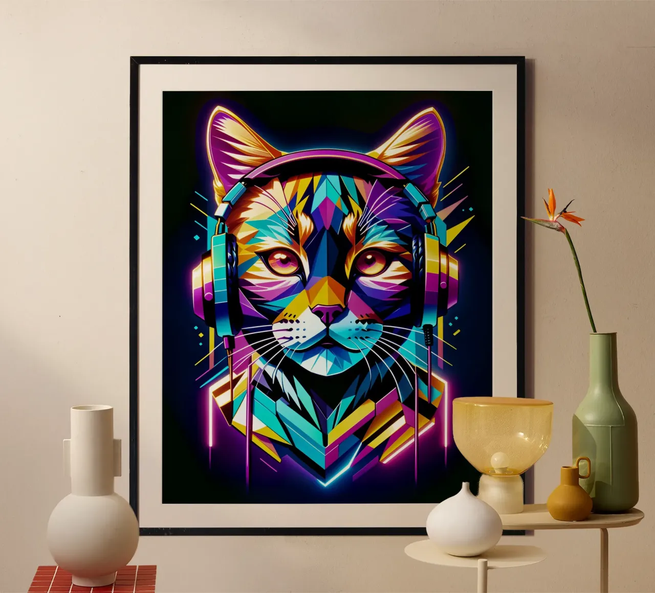 Katze im Kopfhörer Neonkunst Poster von MakArena