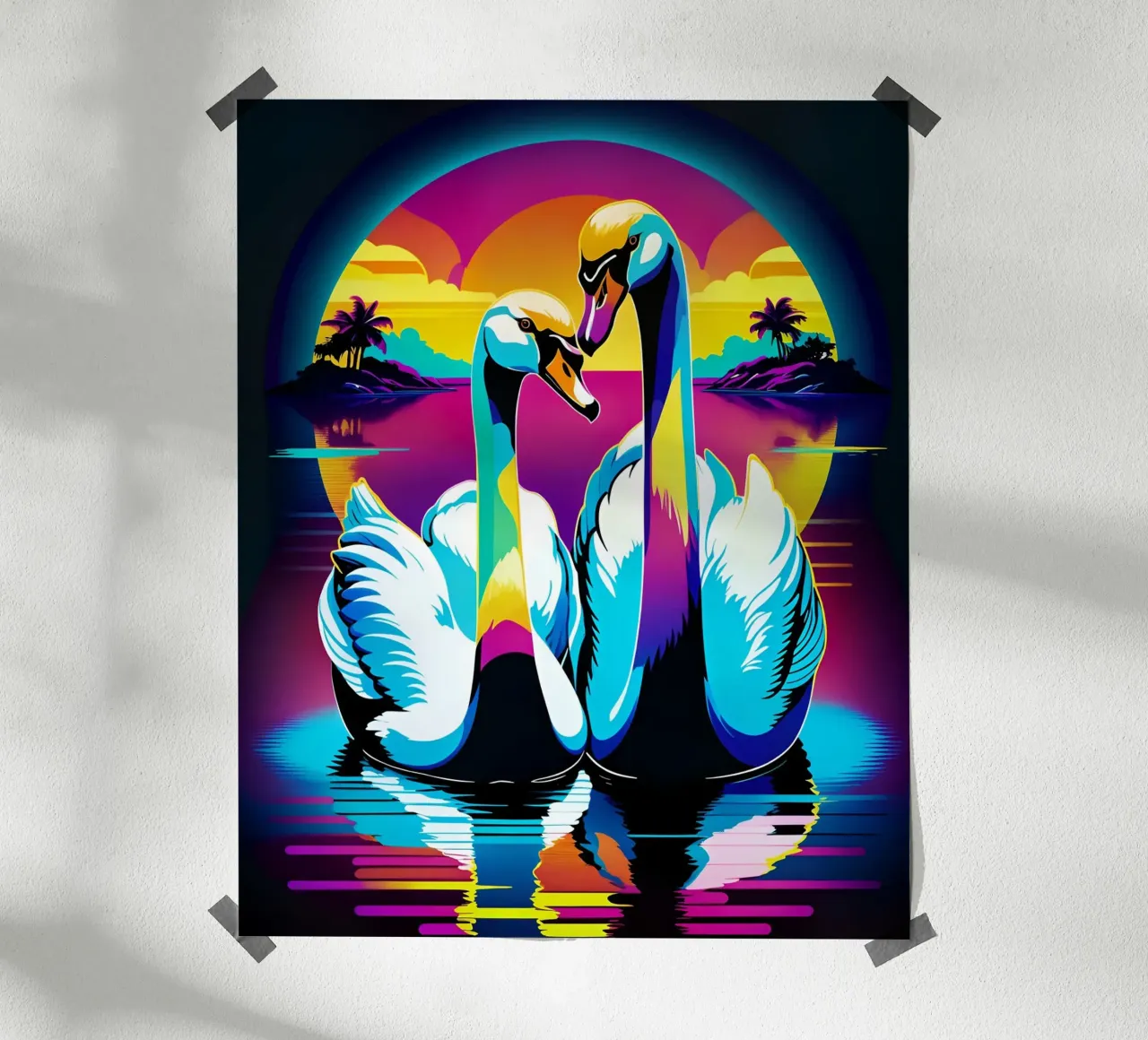 Una coppia di cigni innamorati sul fiume poster con telaio in alluminio da MakArena