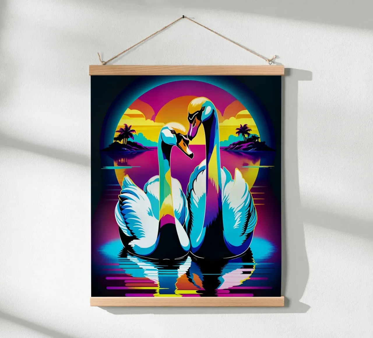 Una coppia di cigni innamorati sul fiume poster con telaio in alluminio da MakArena