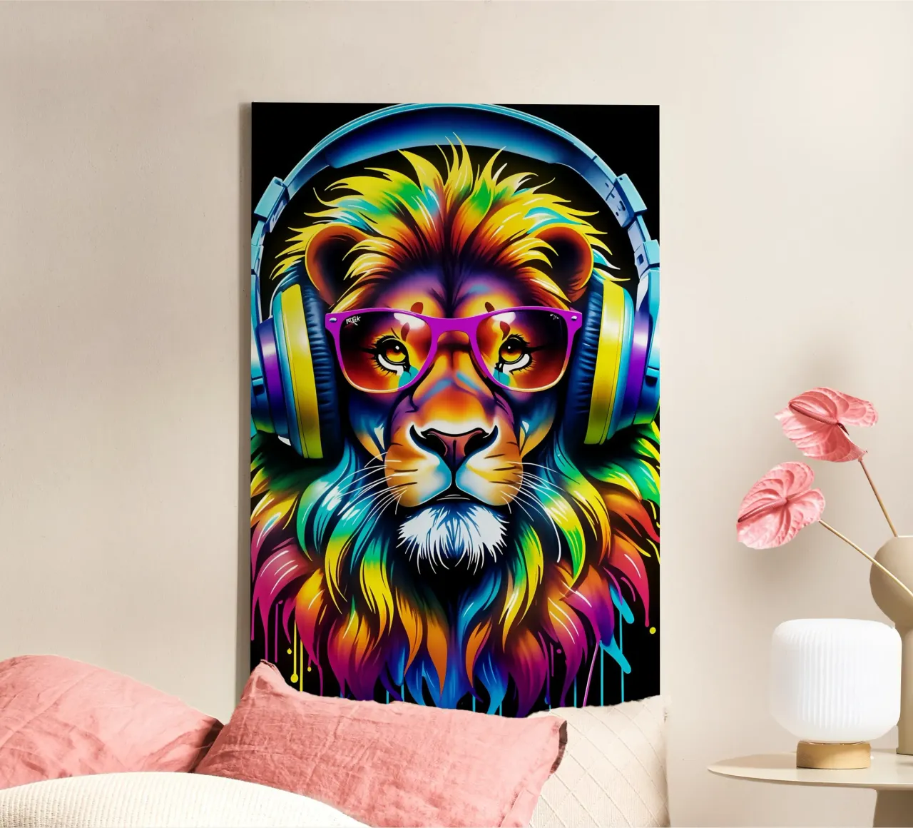 A lion in glasses listens to music canvas with Floater frame by MakArena
