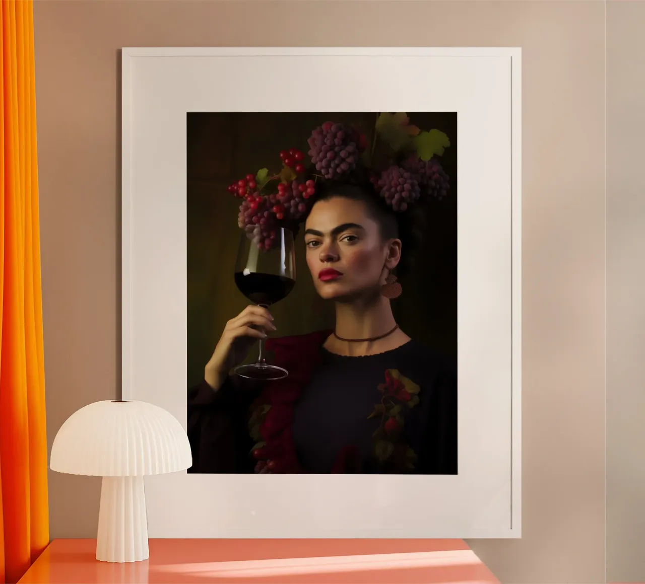 Cin cin Frida | Frida Kahlo con il vino rosso poster con telaio in alluminio da Autofocus