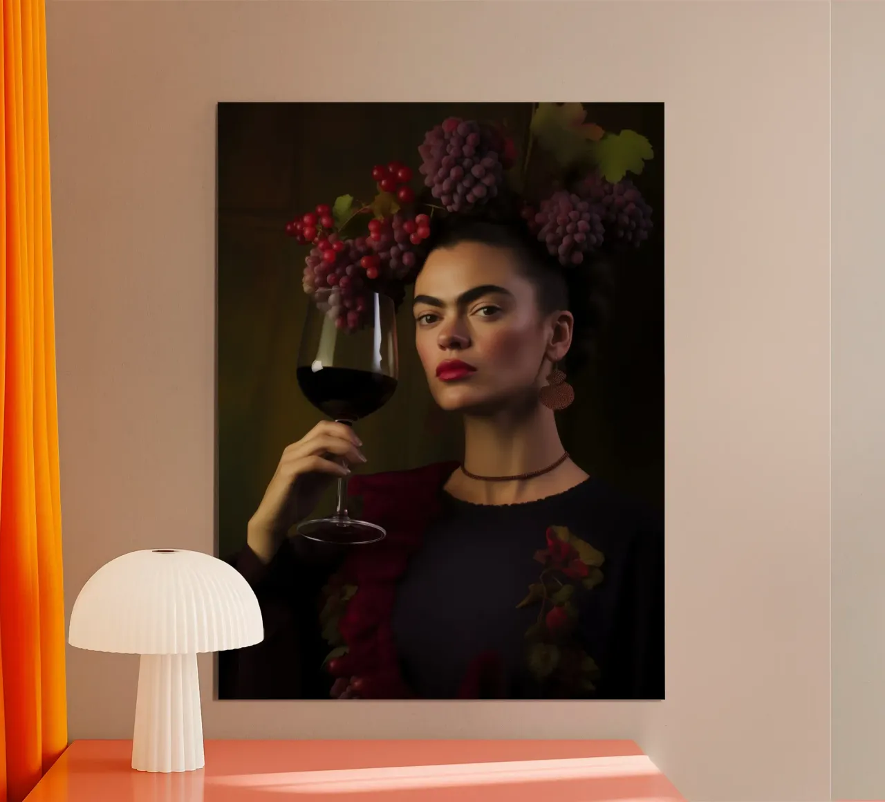 Cin cin Frida | Frida Kahlo con il vino rosso poster con telaio in alluminio da Autofocus