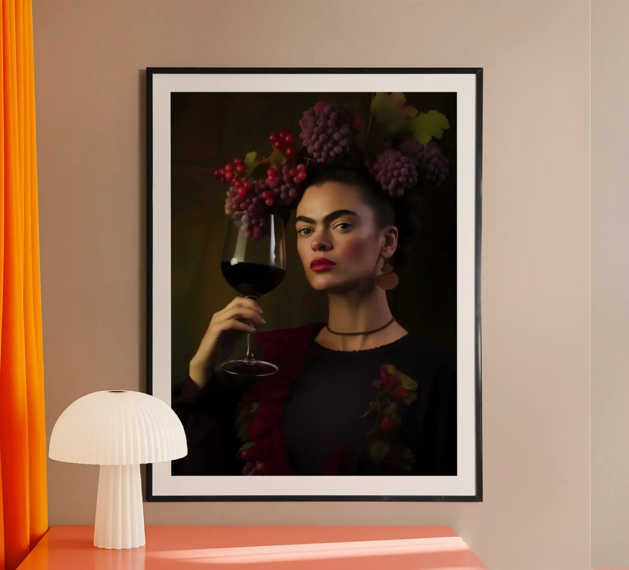Cin cin Frida | Frida Kahlo con il vino rosso poster con telaio in alluminio da Autofocus