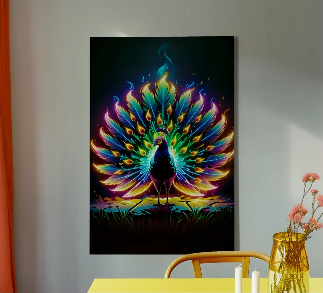 Pauw neon pop-art canvas met Baklijst van MakArena