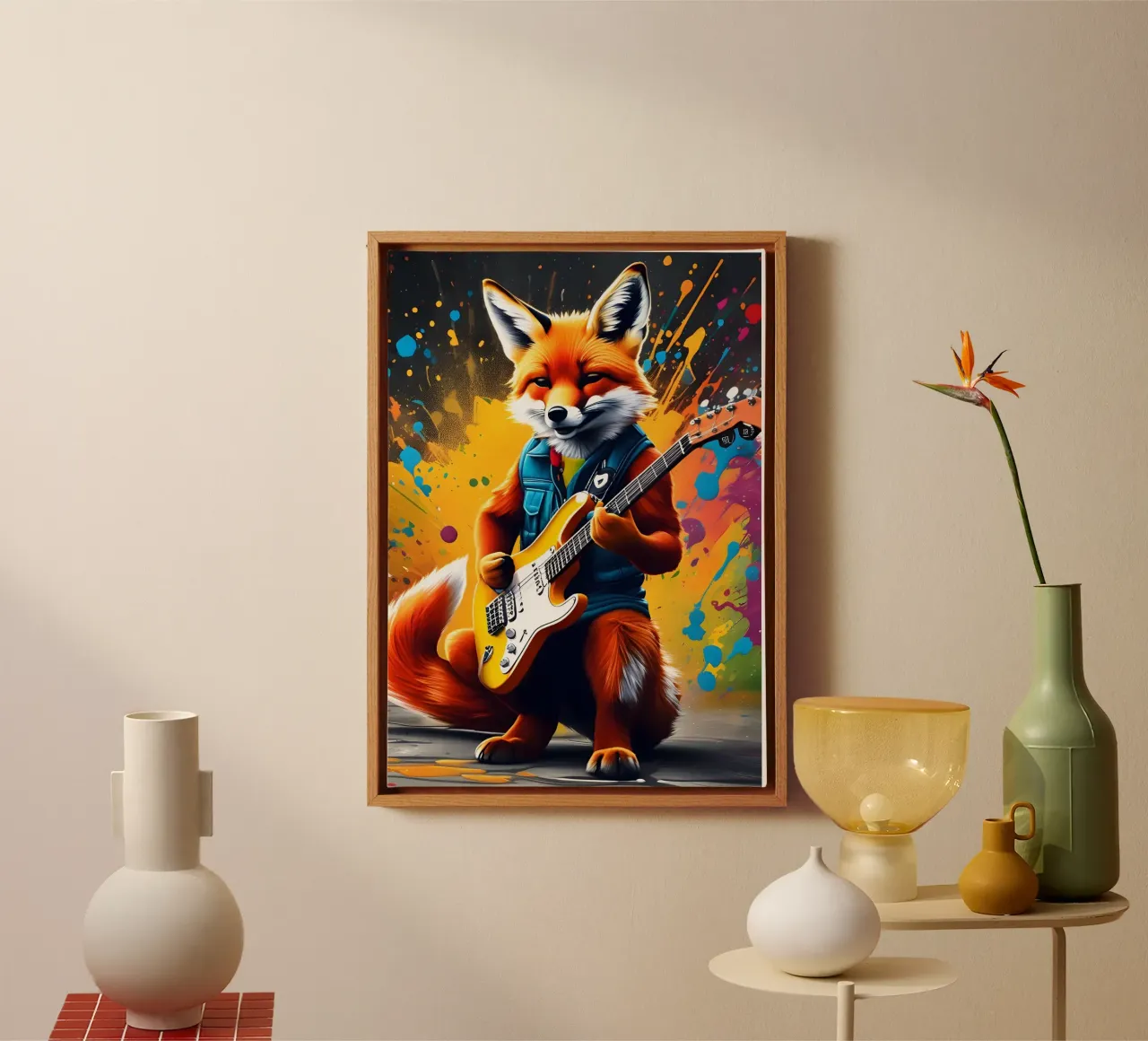 Der Fuchs spielt die Gitarre, Graffiti Leinwand mit Schattenfugenrahmen von MakArena