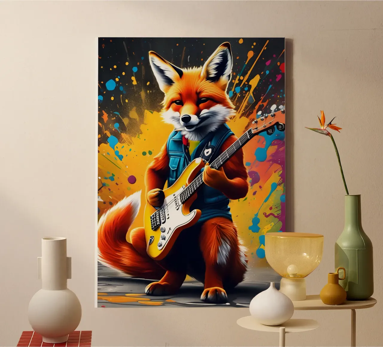 Der Fuchs spielt die Gitarre, Graffiti Leinwand mit Schattenfugenrahmen von MakArena