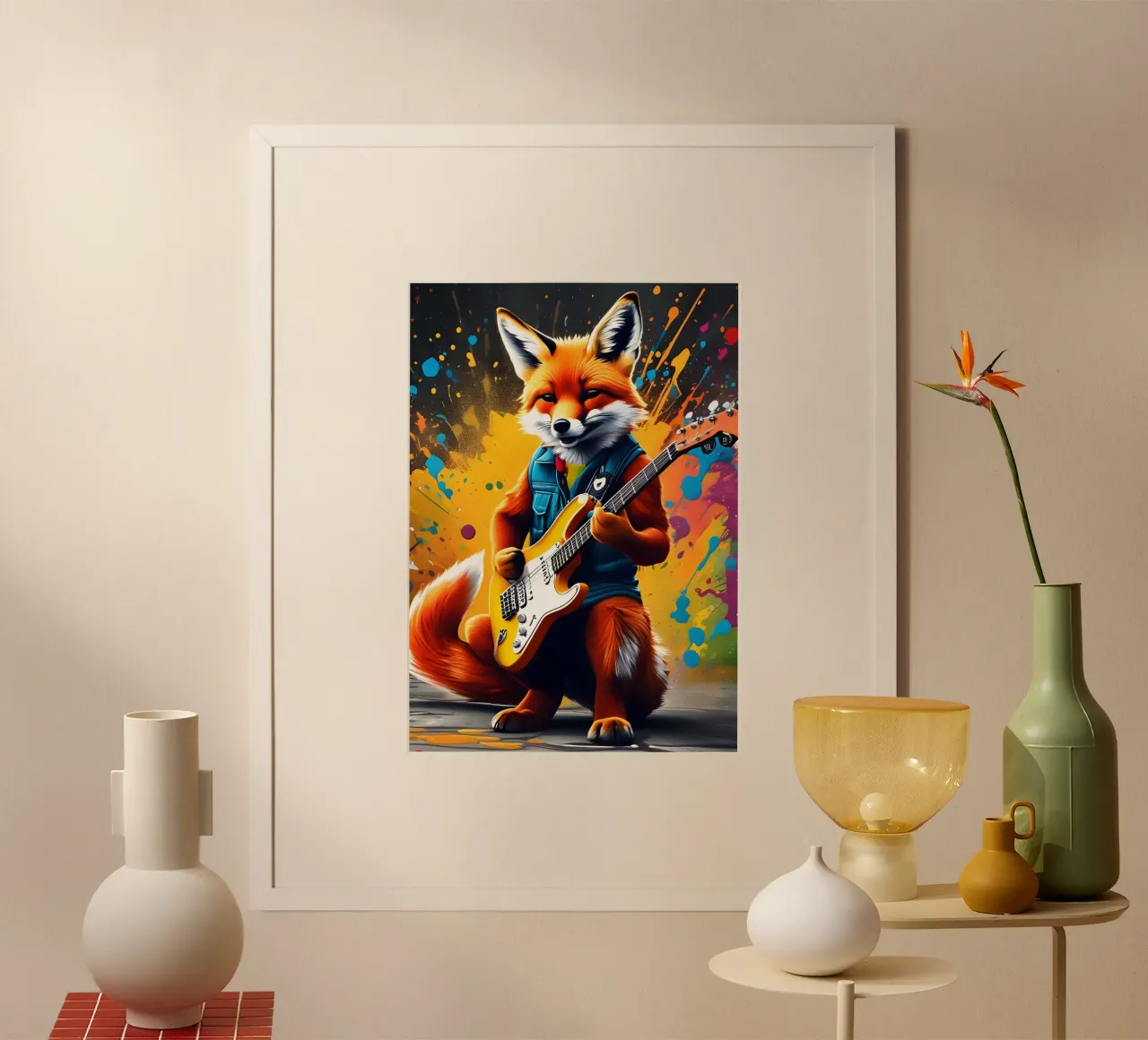 Der Fuchs spielt die Gitarre, Graffiti Poster mit Aluminium Rahmen von MakArena