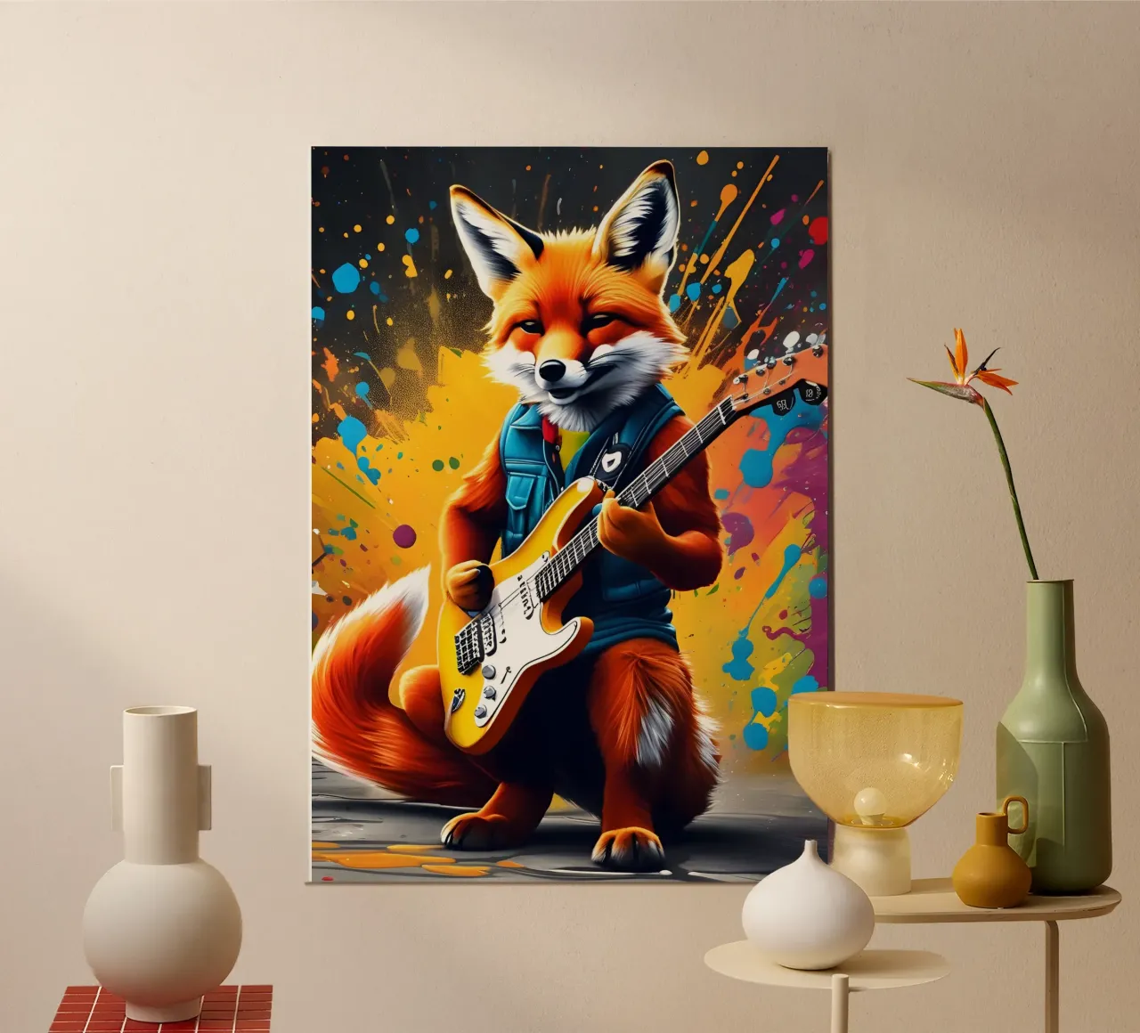 Der Fuchs spielt die Gitarre, Graffiti Poster mit Aluminium Rahmen von MakArena