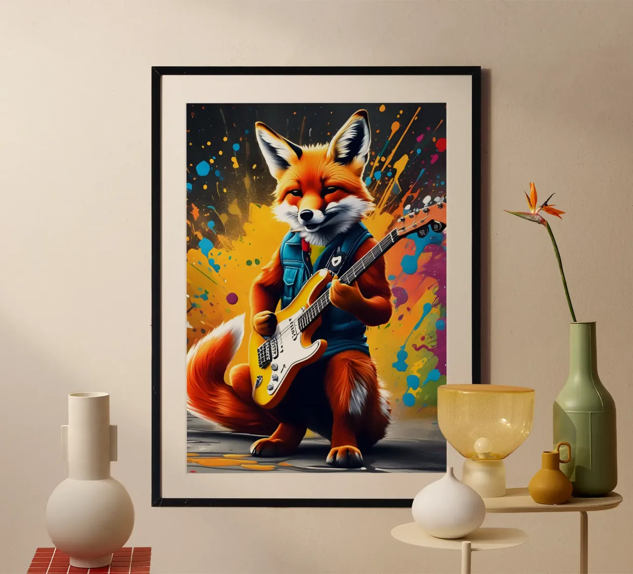 Der Fuchs spielt die Gitarre, Graffiti Poster mit Aluminium Rahmen von MakArena