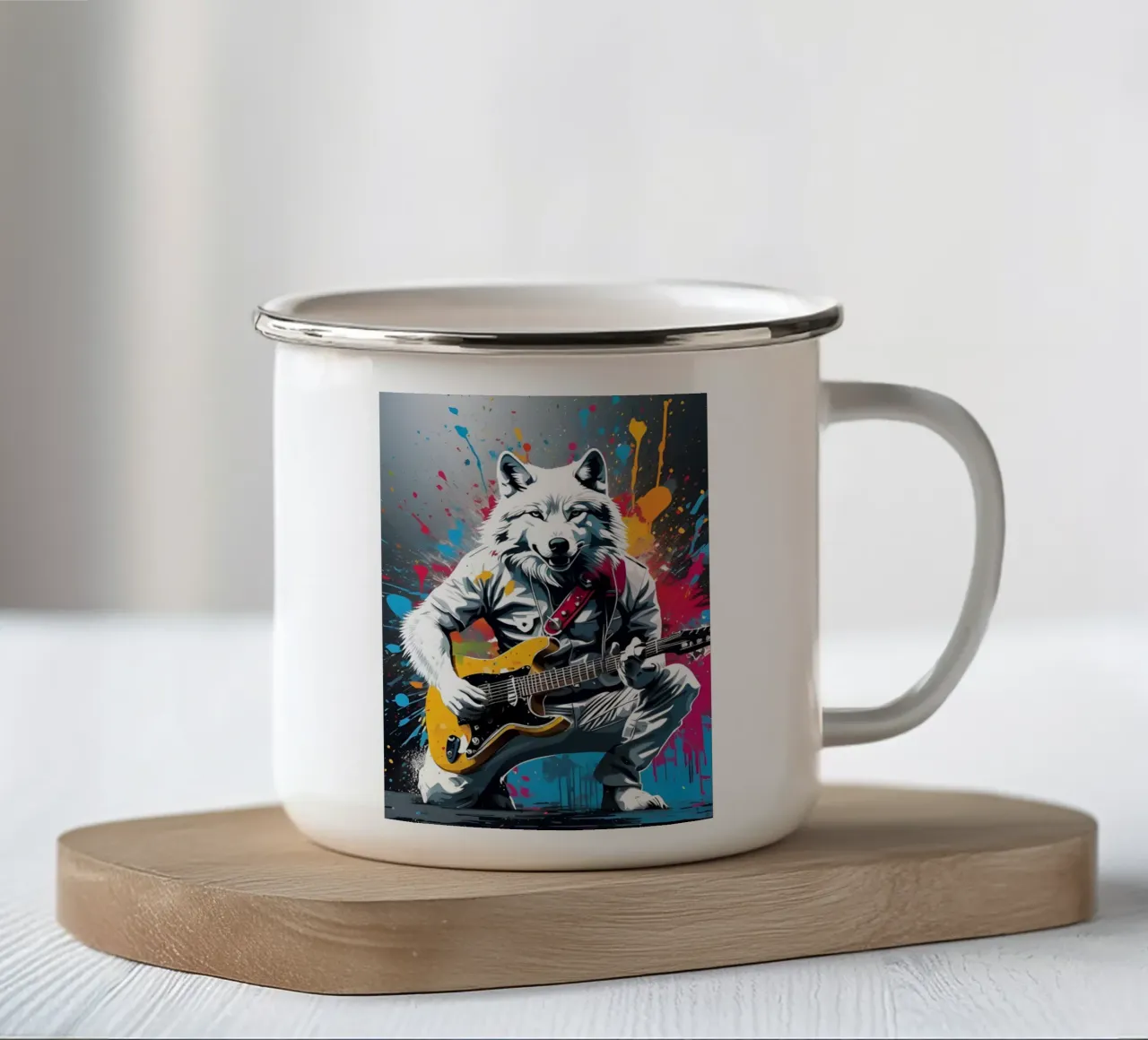 Lupo bianco che suona la chitarra, graffiti tazza in smalto da MakArena