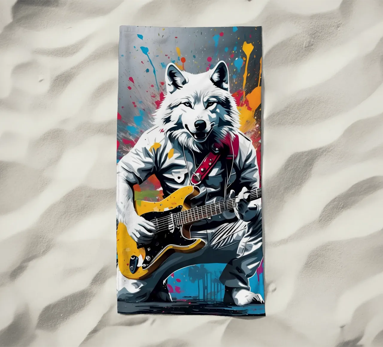 Lupo bianco che suona la chitarra, graffiti telo mare da MakArena