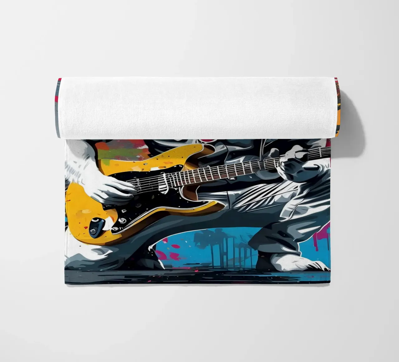Lupo bianco che suona la chitarra, graffiti telo mare da MakArena