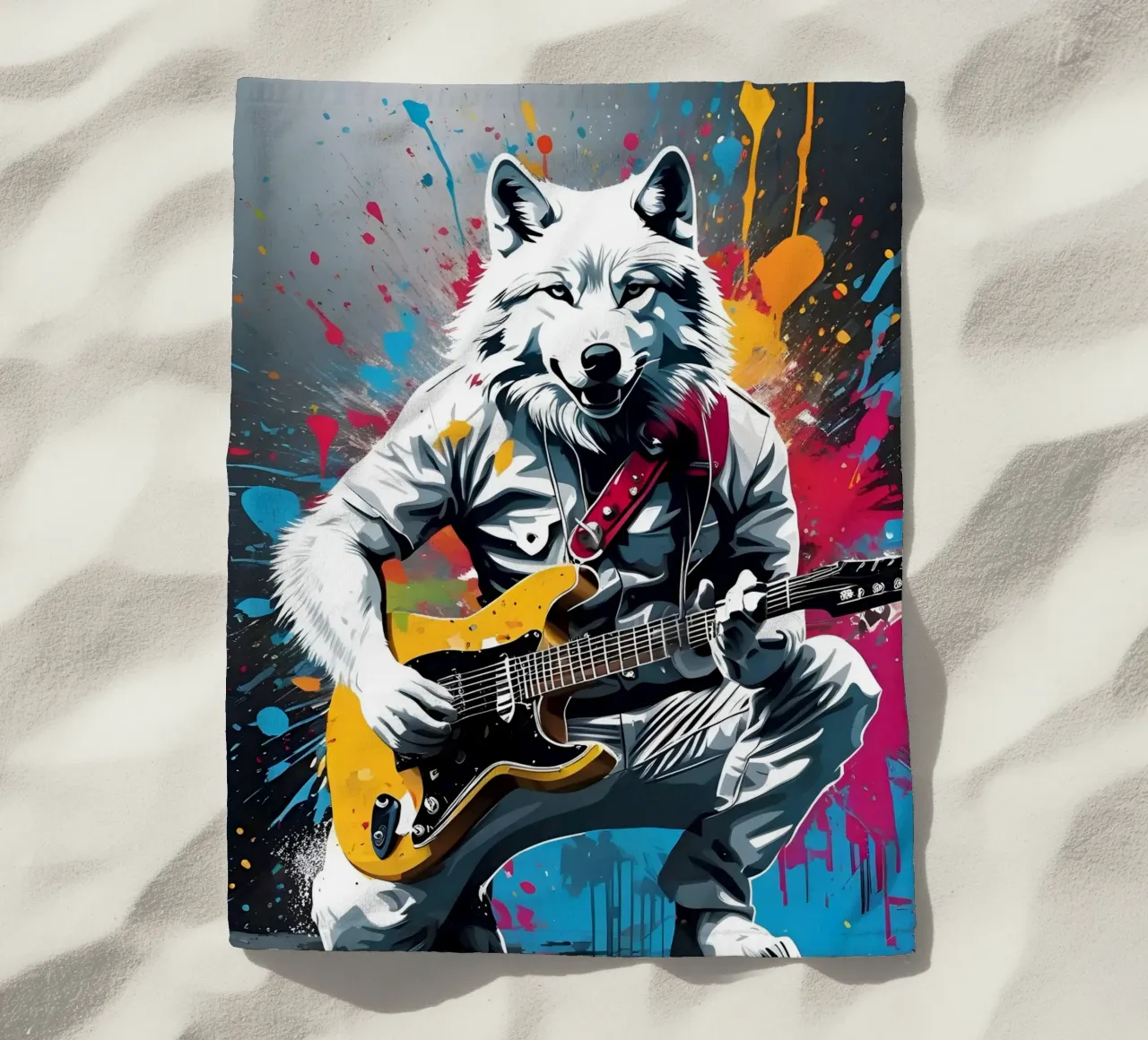 Lupo bianco che suona la chitarra, graffiti telo mare da MakArena