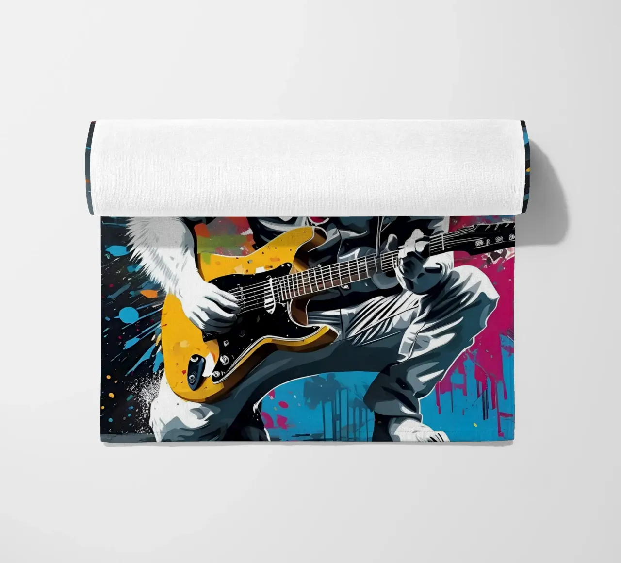Lupo bianco che suona la chitarra, graffiti telo mare da MakArena