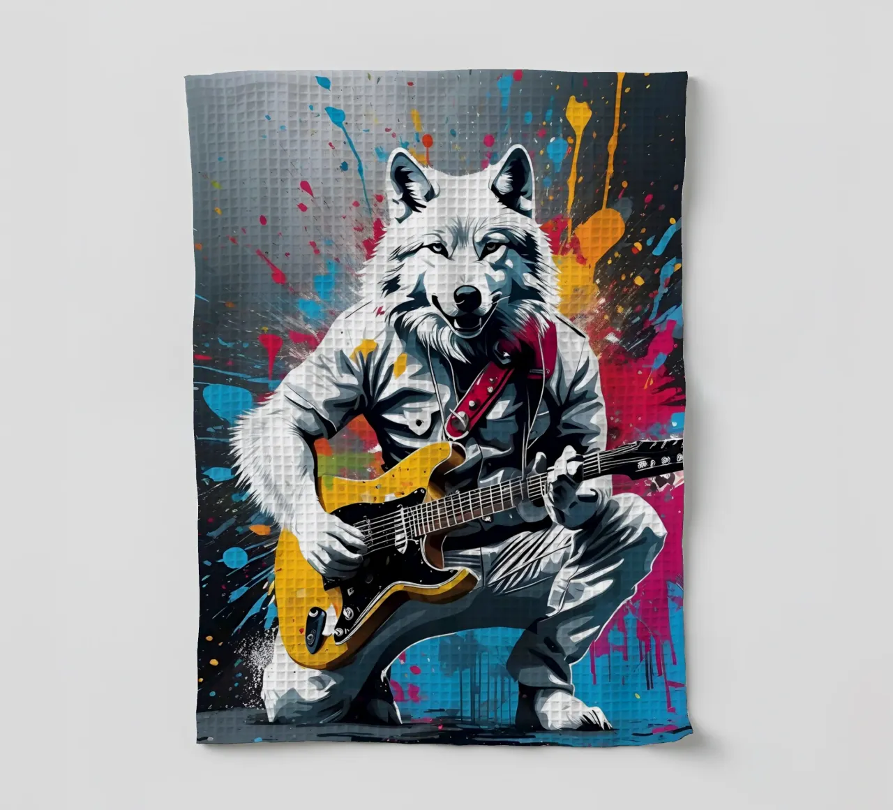 Lupo bianco che suona la chitarra, graffiti canovaccio da cucina da MakArena