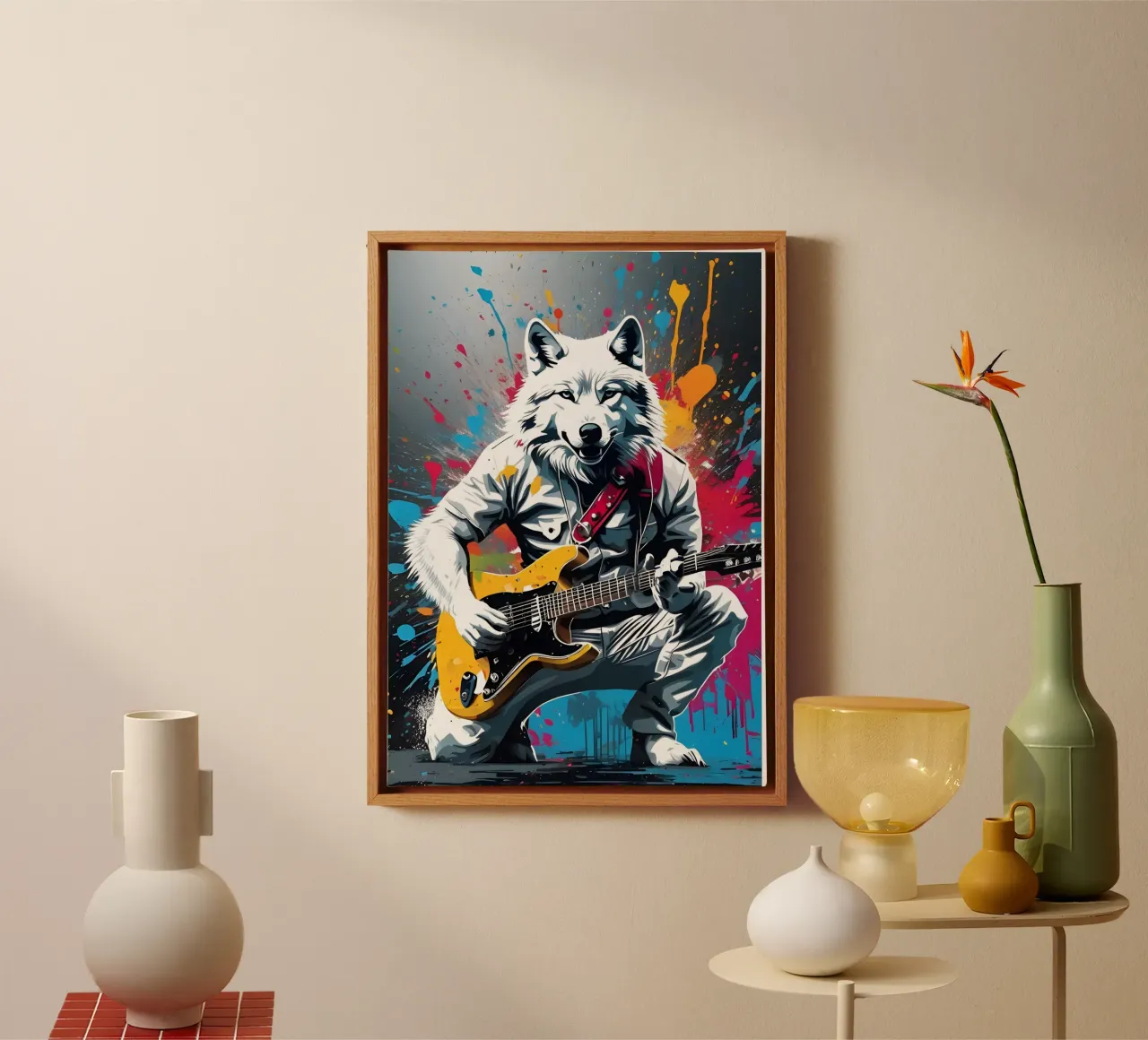 Witte wolf speelt gitaar, graffiti canvas met Baklijst van MakArena