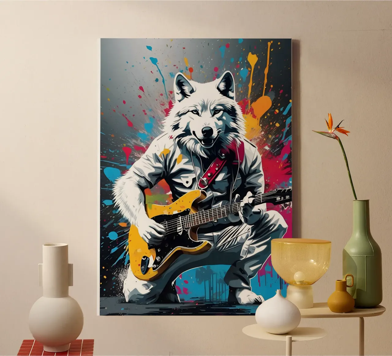 Witte wolf speelt gitaar, graffiti canvas met Baklijst van MakArena