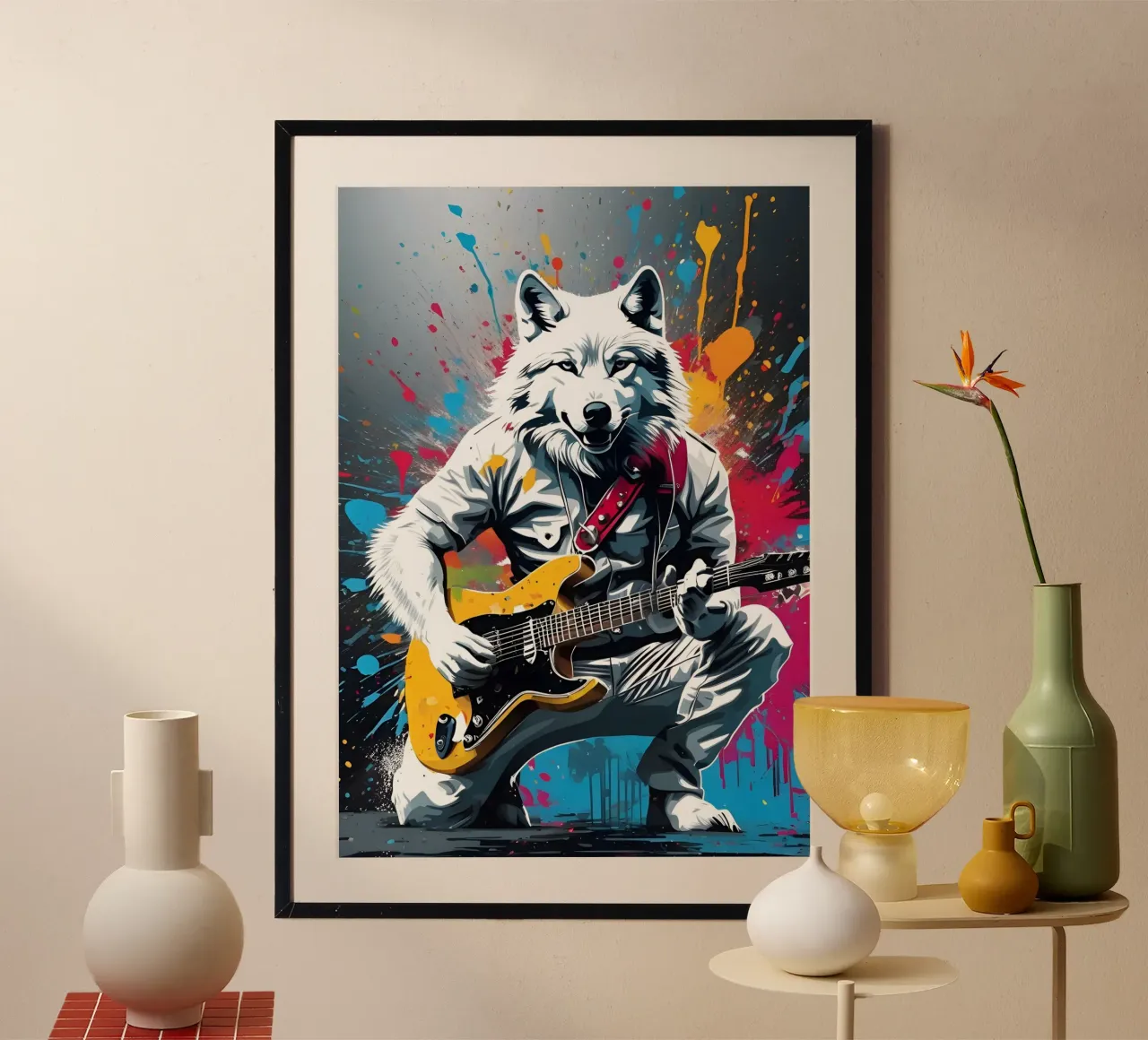 Lupo bianco che suona la chitarra, graffiti poster con telaio in alluminio da MakArena